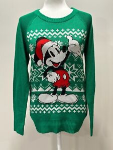 Disney Ugly Christmas Sweater Women's Medium Green Mickey Mouse Snowflake Ski