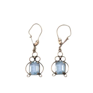Antique 12k Gold Solid Blue Topaz Art Deco Dainty Dangle Earrings Leverback - Picture 1 of 9