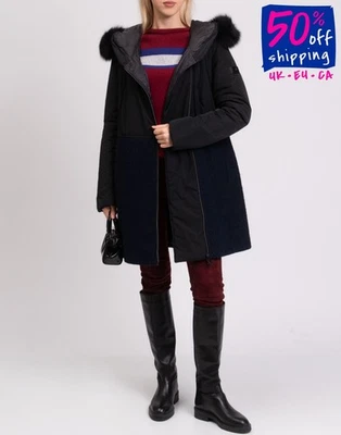 PVP €449 PEUTEREY Abrigo de Plumón IT48 US12 UK16 XXL Borde de Piel de Zorro Negro Hecho en Italia Foto 1 de 4