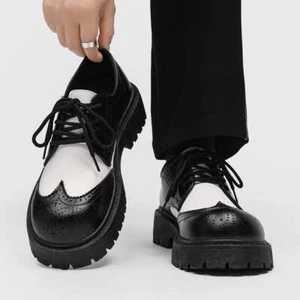Men's Black Leather Shoes Carved Brogue Big Toe Round Head Lace-Up Casual Shoes - Picture 1 of 19