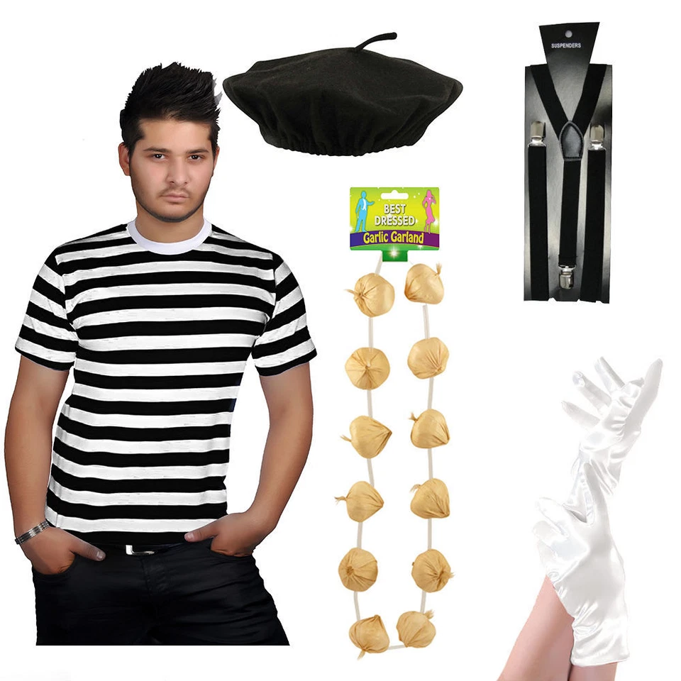 Nuevo Para hombres Francés Hombre Mimo Artista Elegante Vestido Camiseta Boina Brackets Guantes Disfraz Foto 1 de 1