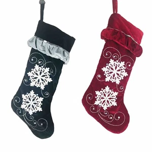 Set of 2 Velvet Christmas Stockings Red & Black Snowflake Appliqués Sequins 18” - Picture 1 of 7