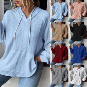 Womens Solid Hooded Casual Loose Winter Hoodies Ladies Pullover Blouses Tops Tee - Picture 1 of 32