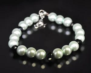 Elegant Pearl Bracelet with Black Spinel Accents, Mint Green spinel Pearl Beads - Picture 1 of 2