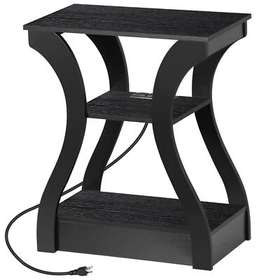 3 Tier End Table with Charging Station Side Table for Bedroom Living Room Black  - Image 1 of 4