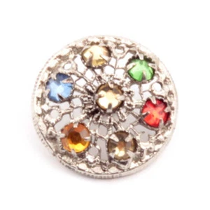 Antique Czech glass rhinestone silver plate filigree metal flower button - Picture 1 of 3