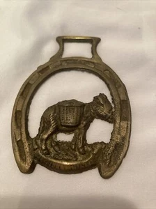 Vintage Solid Brass Horse Bridal Saddle Medallion 'I Love My Donkey' 3 3/4” VGVC - Picture 1 of 3