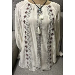 Hazel Haze Woven Peasant Top Blouse Med Boho Embroidered Cream NWT Fairy - Picture 1 of 4