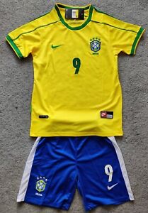 RETRO BRAZIL 1998 WORLD CUP 98 SHIRT JERSEY RONALDO R9 YOUTH KIDS KIT 7-8, 8-9