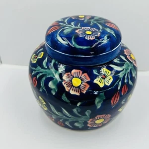 Cobalt Blue Floral Oriental Ginger Jar Ceramic 6” Painted Decorative Vase India - Picture 1 of 14