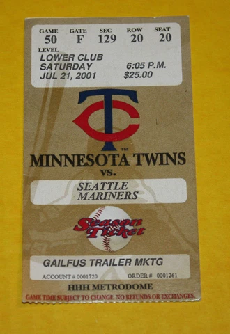 Minnesota Twins Ticket Stub | July 21 2001 | Ichiro Hit Kazuhiro Save Cover