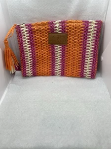 California Mango Summer Vibes Travel Cosmetic Bag Raffia Ribbon Like Weave Pink - Picture 1 of 3