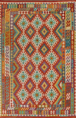 Alfombra oriental Kilim de lana reversible suroeste multicolor tejida a mano 7x10 pies Foto 1 de 4