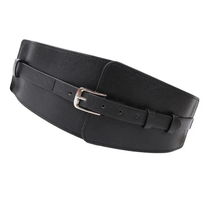 Women Wide Black Faux Leather Belt Elastic Stretch Corset Cinch Dress Waistband - image 1 of 4