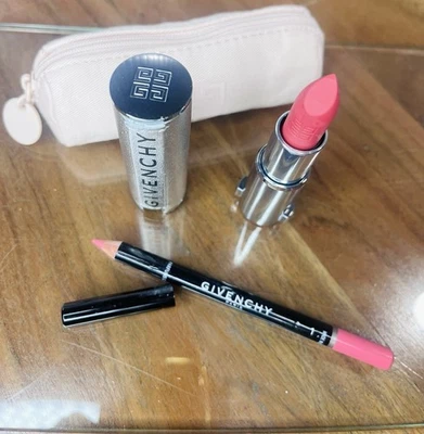 Givenchy Pink Le Rouge Sheer Velvet Lipstick + Liner + Pink Cosmetics Small Bag - Image 1 of 4