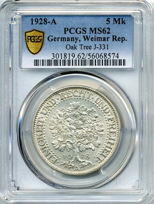 1928-A Germany- Weimar Republic, 5 Marks, Oak Tree - Uncirculated, PCGS MS62 - Image 1 of 3