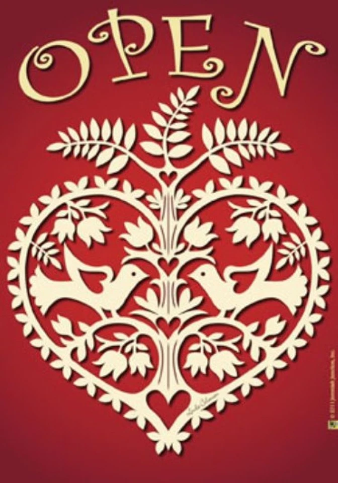 ARTE POPULAR "ABIERTO" FORMA DE CORAZÓN CON PÁJAROS DEL AMOR GRAN JARDÍN PATIO BANDERA Foto 1 de 1