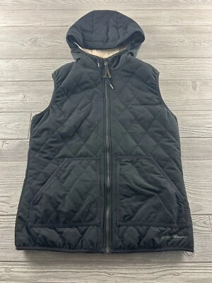 Eddie Bauer S Small Black Quilted Ivory Sherpa Lined Faux Fur Trim Hooded Vest - Image 1 of 4