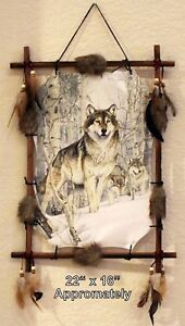Indian Frame Mandella Picture Wolves Dream Catcher 22x16 beads feathers Al Agnew