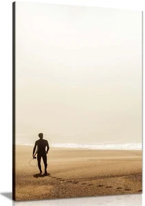 Sagoma di surfista su una spiaggia nebbiosa stampa su tela incorniciata arte da parete decorazione casa - Foto 1 di 6