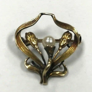 Broche prendedor floral vintage d402 relleno de oro amarillo con perla blanca - Imagen 1 de 3