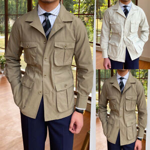 Vintage Men's Safari Jacket Four Pockets Hunting Coats Slim Fit Khaki Beige Plus