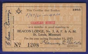 1955 Beacon Lodge St Louis tessera socio massonica massonica con sigillo in rilievo - Foto 1 di 2