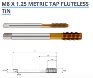 M8 x 1.25 ROLL TAP TiN COATED COLD FORMING HSS-E 6HX TM38170800 EUROPA TOOL P246 - Picture 1 of 8