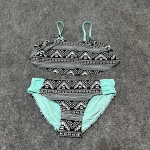 NEW Jutice Swimwear Youth Girls 16 Teal Striped Two-Piece Summer Swim - Picture 1 of 10