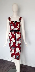 Cue Size 10 Burgundy Red Floral Sleeveless Knee Length Pencil Dress - Foto 1 di 10