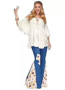 60's Flower Child Hippie Denim-Like Bell Bottom Pants Adult Costume Accessory - Picture 1 of 2