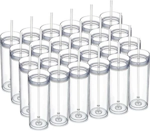 Colorful 20oz Double Wall Plastic Cups with Lids and Straws - Party Pack of 24 - Picture 1 of 9