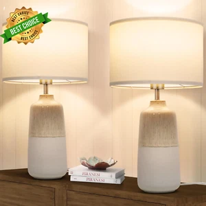Ceramic Bedside Lamps Set of 2 – 3 Color Temps, Fabric Shade, LED Bulbs - Picture 1 of 12