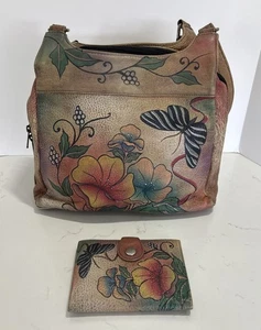 Anuschka 2 PCE Floral Butterfly Hand Painted Leather Tote Shoulder Bag w/Purse - Picture 1 of 14