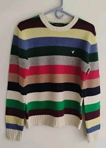 American Eagle Vintage Retro Rainbow Stripe Lambs Wool Sweater Men's SMALL - Picture 1 of 10