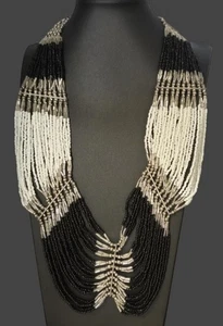 Schwarz & Weiß Perlen Metall Halsband Halskette & Ohrringe Set Vintage Statement  - Bild 1 von 11