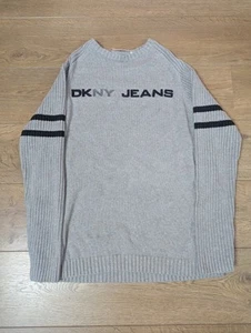 Sudadera DKNY Jeans Años 90 Tejida Pesada Talla L Gris Deletrear Bordado - Imagen 1 de 8