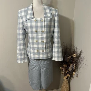 Vtg Kasper For ASL 2pc Skirt Suit Plaid Gray Double Breasted Jacket Lined Sz 14 - Picture 1 of 12