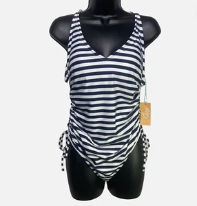 Kona Sol Blue White Stripe Women's Modern One Piece Swimuit Size Large 12-14 NWT - Picture 1 of 10