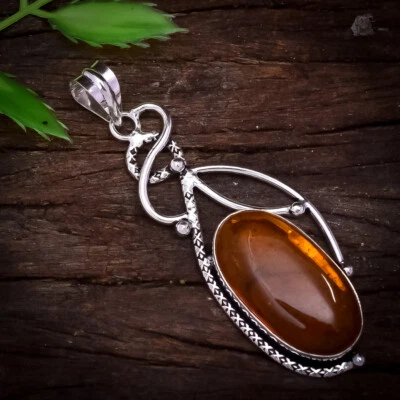 Ciondolo In Argento Sterling 925 Con Gemma Di Ambra Baltica Gialla 2.5" - Immagine 1 di 3