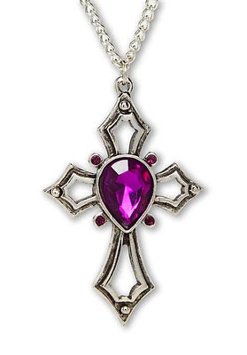 Gothic Cross with Purple Stones Silver Finish Pewter Pendant Necklace NK-518P - Image 1 of 4