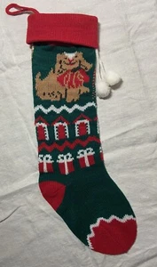 Vintage Knit Dog Bow Puppy Christmas Stocking Pom Poms Red Green Pet Holiday - Picture 1 of 5