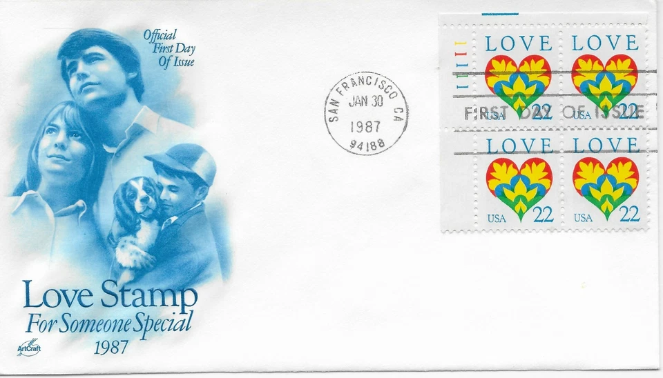 US Scott #2248, First Day Cover 1/30/87 San Francisco Plate Block Love - Image 1 of 1
