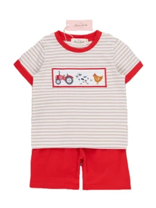 NWT Boys 6 Farm Shorts Set Outfit Embroidered Tractors Cow Animals - Picture 1 of 1
