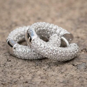 Men's 14K White Gold Plated Sterling Silver Fully Iced Cz Round Hoop Earrings - Picture 1 of 4