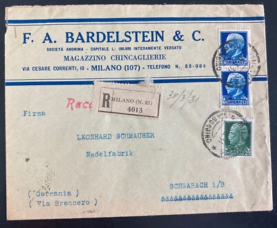 1931 Milan Italy Hotel Registered Commercial Judaica Cover To Schwabach Germany - Image 1 of 2