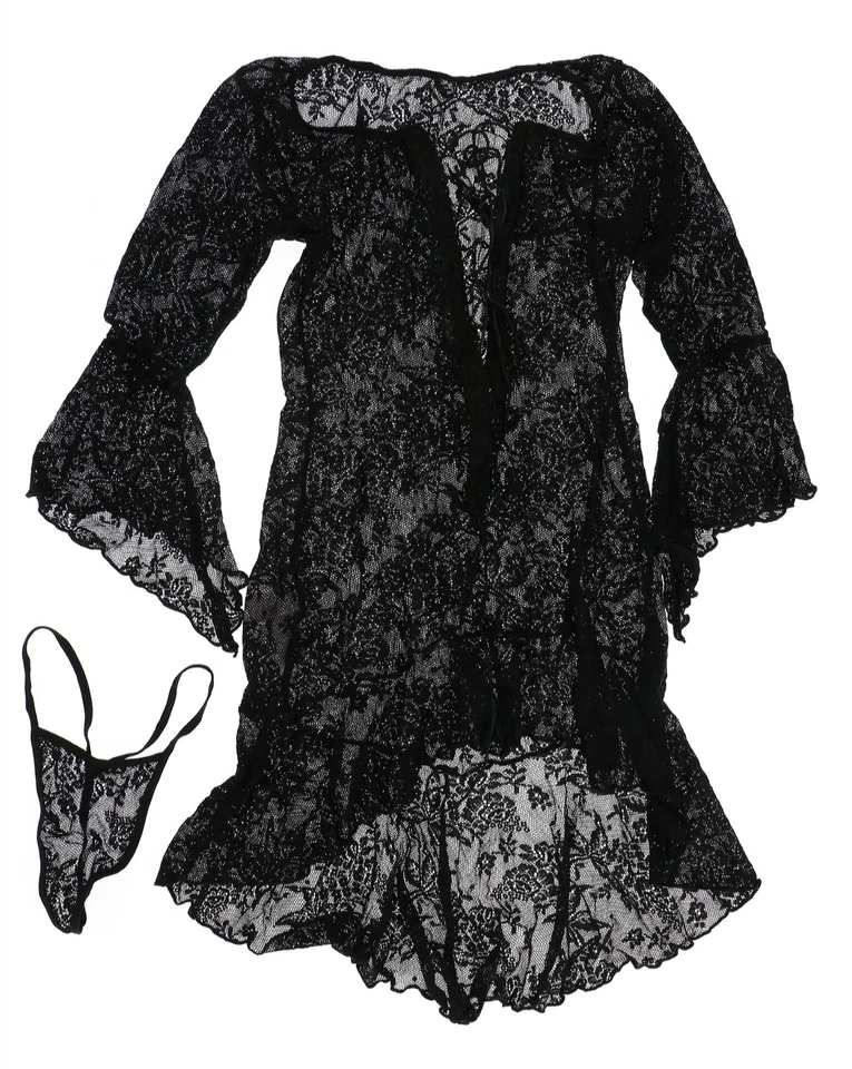 Leg Avenue 242366 女式透明蕾丝荷叶边乳霜和 G 字带黑色均码 — 第 1/2 张图片