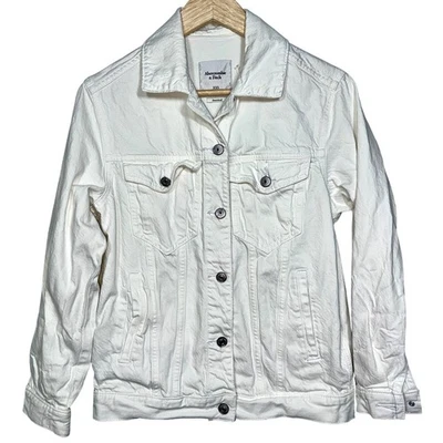 Abrigo chaqueta vaquera de algodón de mezclilla blanca de gran tamaño Abercrombie & Fitch XXS 2XS para mujer Foto 1 de 4