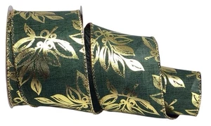 Celebrate It 2 Rolls Green Burlap Christmas Wired Ribbon Gold Embossed 2.5"x20' - Picture 1 of 4
