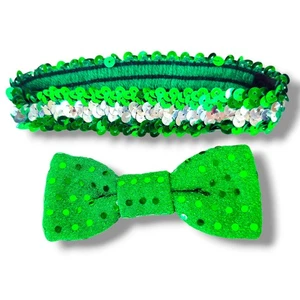 Green Sequin Bow Tie & Neck Head Band Disco Dot Sexy Adult Costume Accessories - Picture 1 of 6